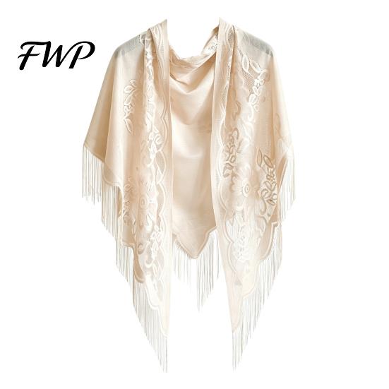 High-end Velvet Wrap Triangle Lace Shawls And Wraps with Tassels, Floral Sheer Evening Dress Shawl, Breathable Lightweight Spring Tassel Wrap, Perfect