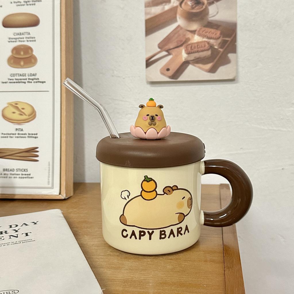 Керамическая чашка с крышкой и соломинкой, чашка для воды, милая кружка капибары, домашняя кофейная чашка для девушки с высоким вкусом