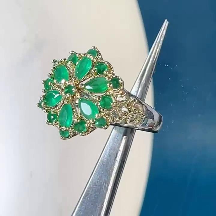 POMOiii Роскошные изумрудные двухцветные гальванические кольца в форме цветка, женские кольца для танцевальной вечеринки, эффектные ювелирные изделия для женщин