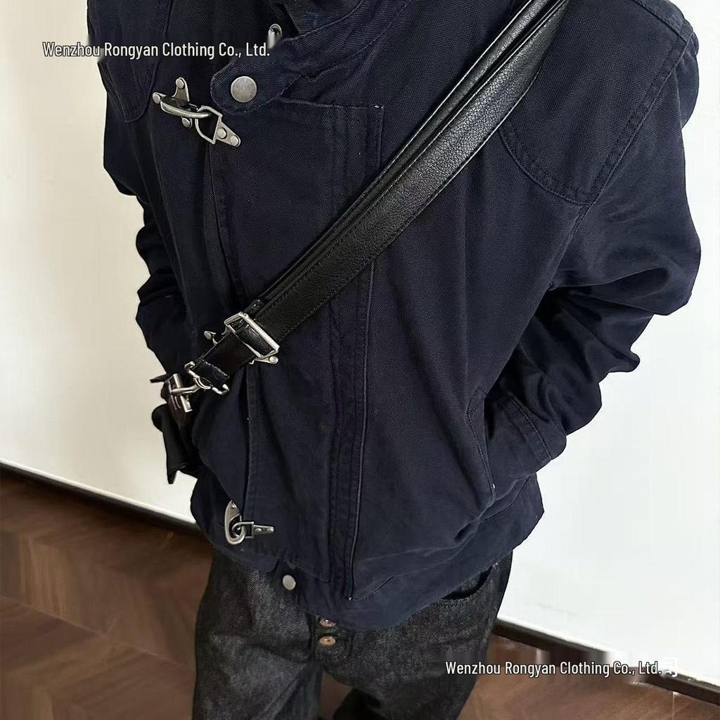 Unisex Retro Distressed Patchwork Airplane Buckle Jacket - Original Design, Loose Fit, Short Coat.