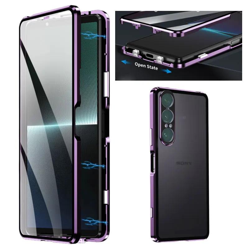 Металлическая рама 360 Полная защита Чехол Для Sony Xperia 1 V II Магнитное притяжение Двусторонняя закаленная стеклянная крышка для телефона