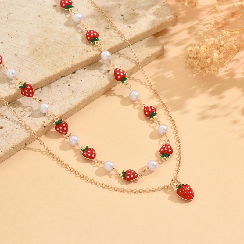 2Pcs Layered Strawberry Pearl Necklace Set for Women Cute Sweet Dainty Adjustable Summer Vacation Beach Jewelry Gift