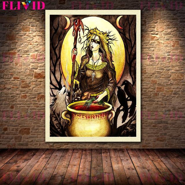 Лесная хранительница ведьма и богиня природы Ретро Фреска Картина маслом Шаман Плакат декоративно-прикладного искусства