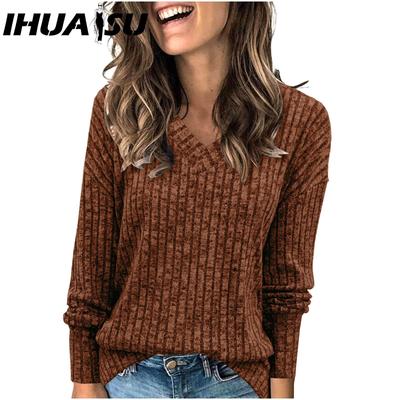 Женские модные повседневные осенне-зимние однотонные блузки и рубашки с v-образным вырезом и длинным рукавом с принтом