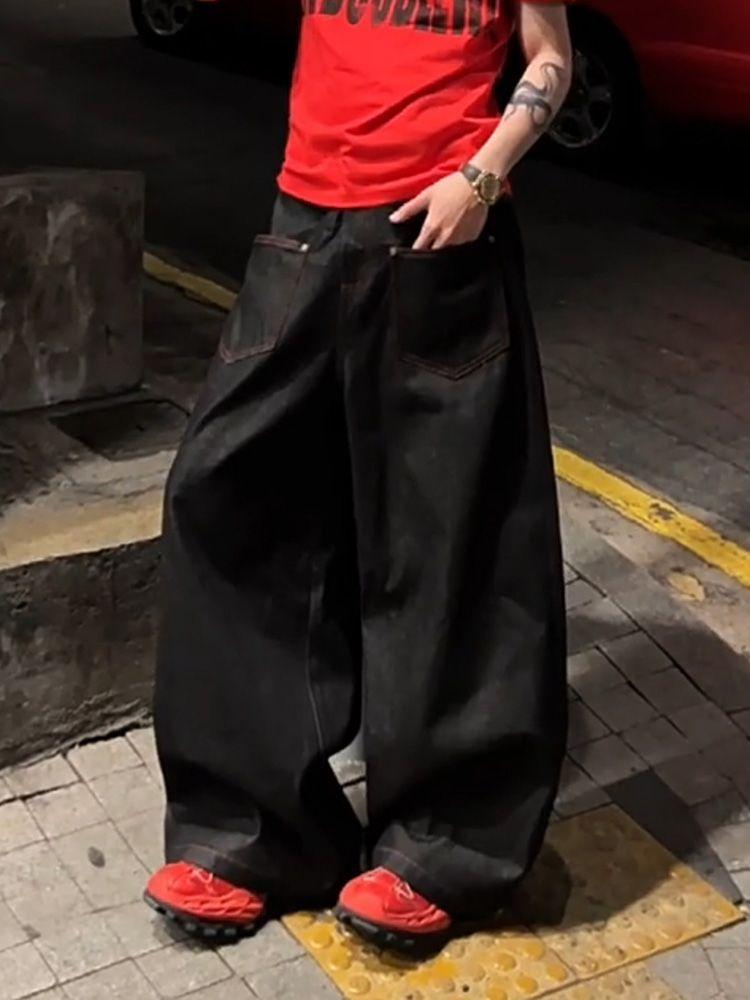 ZYLLO Американский Красный Вышитые Джинсы Ретро Широкие Брюки в Пол Большого Размера Тяжелый Индустриальный Дизайн Сенсорная Уличная Одежда