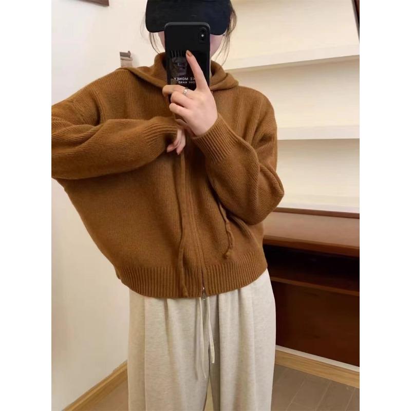 Однотонный вязаный кардиган с капюшоном на двойной молнии, женский осенне-зимний, новый, свободный, повседневный, простой свитер-куртка
