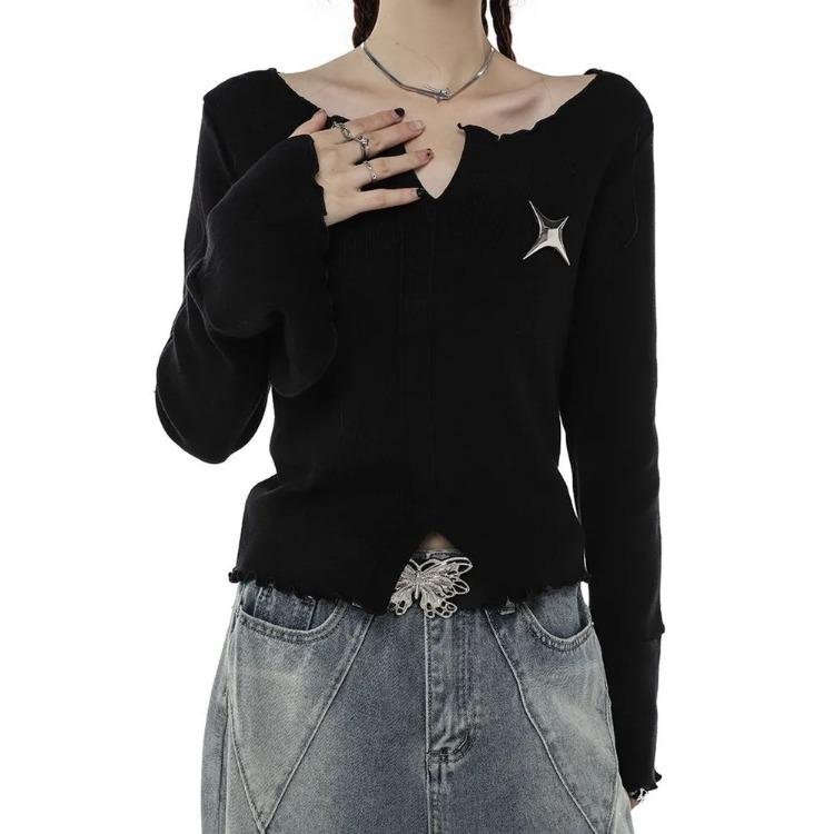 Y2K готические черные укороченные топы женские футболки в стиле Харадзюку в стиле гранж с графическим рисунком винтажные тонкие футболки с длинными рукавами и v-образным вырезом Kpop Aesthetic