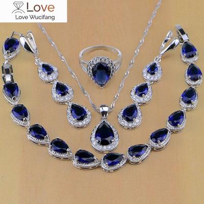 Ювелирные изделия из стерлингового серебра 925 пробы с белым фианитом и синим цирконием, комплекты ювелирных изделий для женщин, серьги/подвески/ожерелья/кольца/браслеты