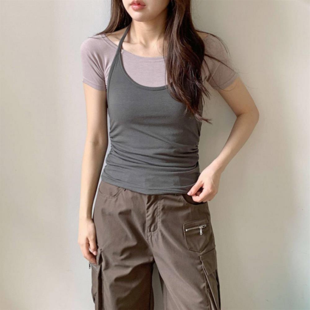 New ArrivalS OpeN RuN WomeN S Halter Neck Layered Color Block TaNk Top ANd Lip N
