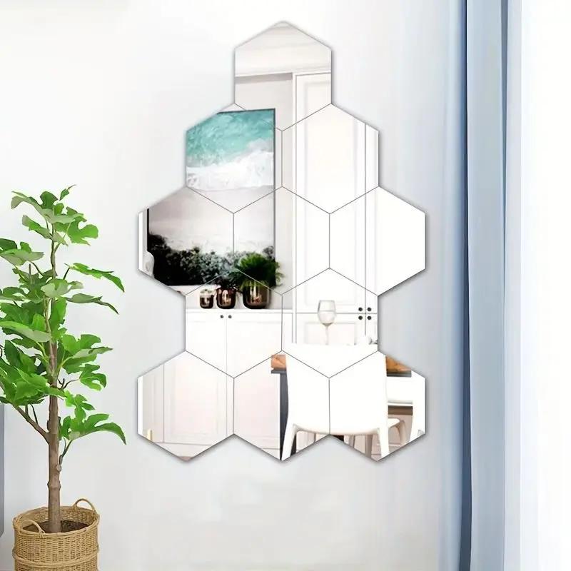 12Pcs Hexagon Acrylic Mirror 3D Wall Sticker Mirror Home Decoration DIY Removable Mirror for Living-Room Art Ornaments