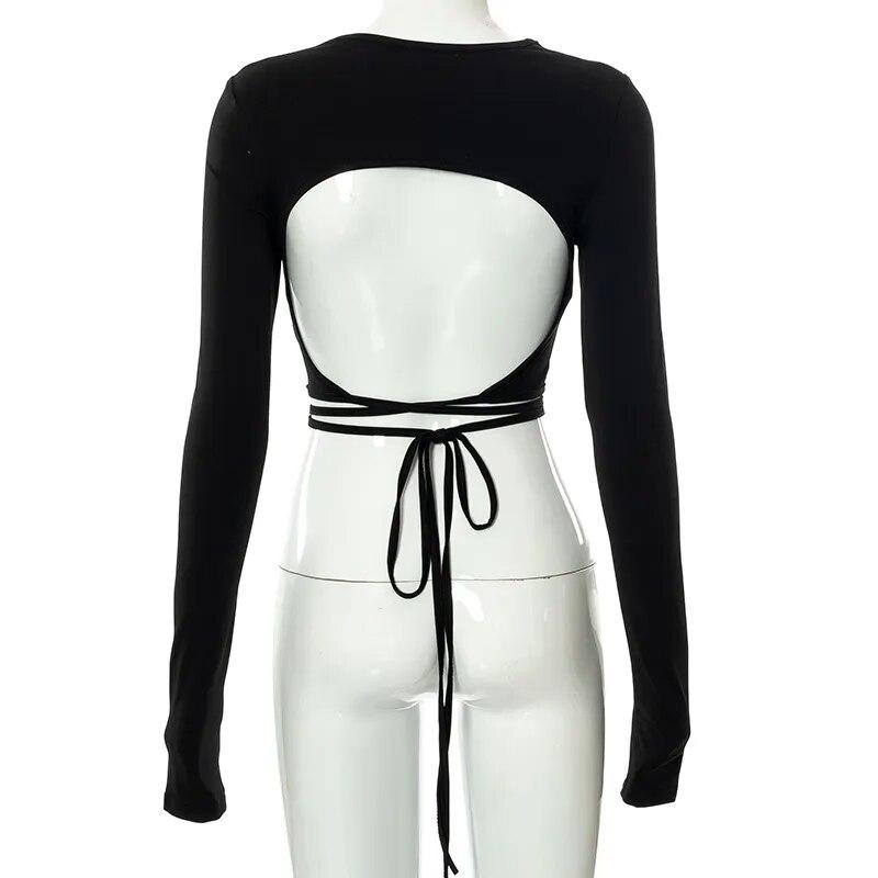 Сексуальная футболка с открытой спиной и принтом зебры Y2K, модный осенний укороченный топ с круглым вырезом и длинными рукавами, уличная одежда, тонкие бандажные футболки