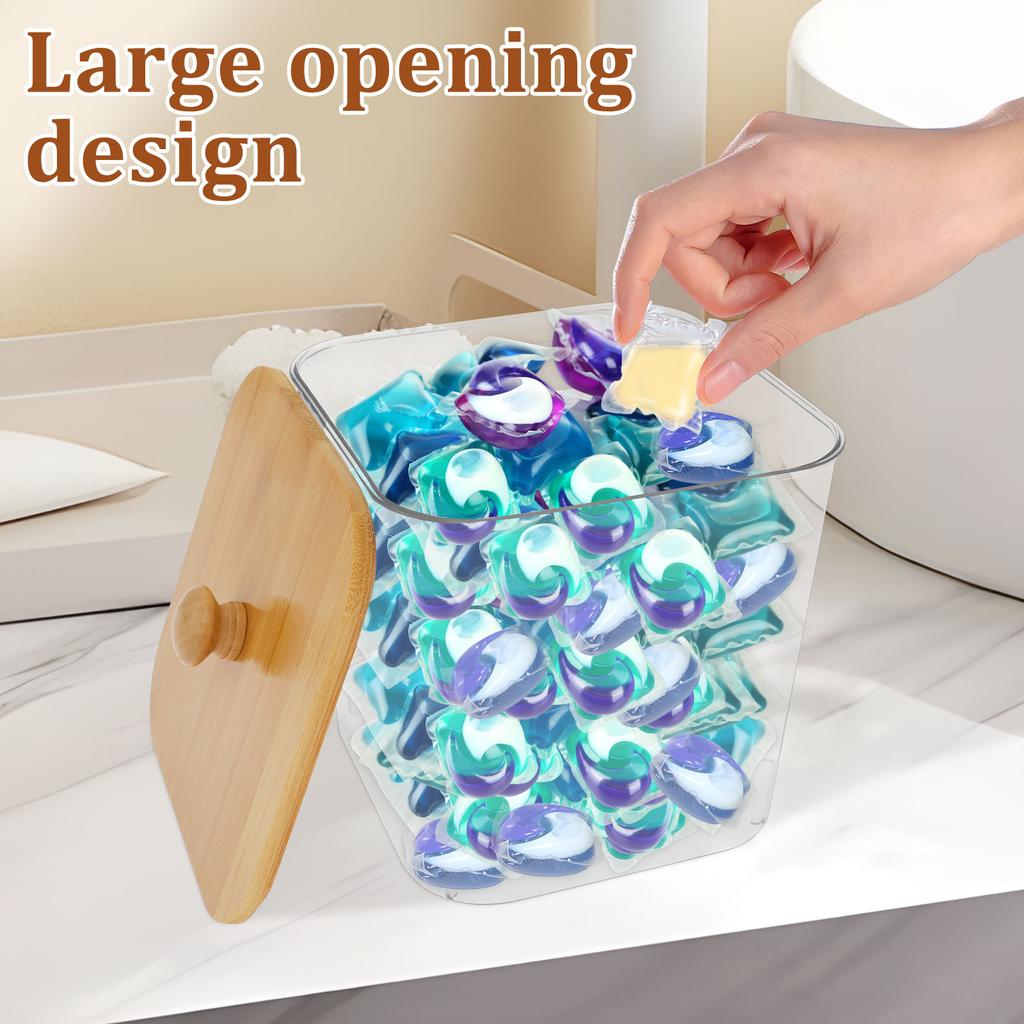 4 Pcs Laundry Pods Container with Bamboo Lid Clear Dryer Sheet Holder Laundry Powder Scent Beads Container Laundry Room