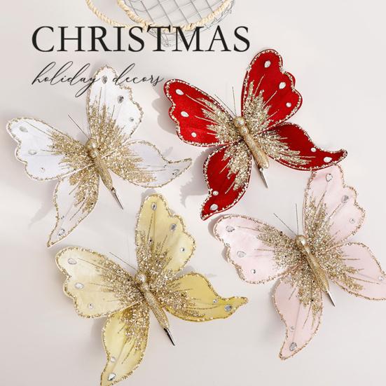 Fabric Glitter Butterfly Ornament Artificial Butterfly Christmas Tree Hanging Decoration for Ceiling Wall Tree Wreath Decor