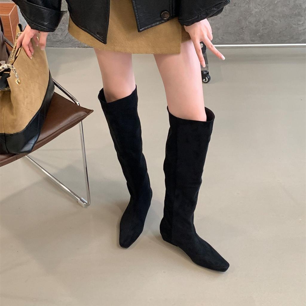 Suede Pile Boots Tall Knight Boots Women's Shoes 2025 Autumn and Winter Skinny Medium Heel Long Boots