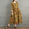 Осень 2025 новый ретро хлопок и лен принт круглый вырез длинный рукав платье для женщин свободный большой размер тонкое А-силуэтное платье для женщин
