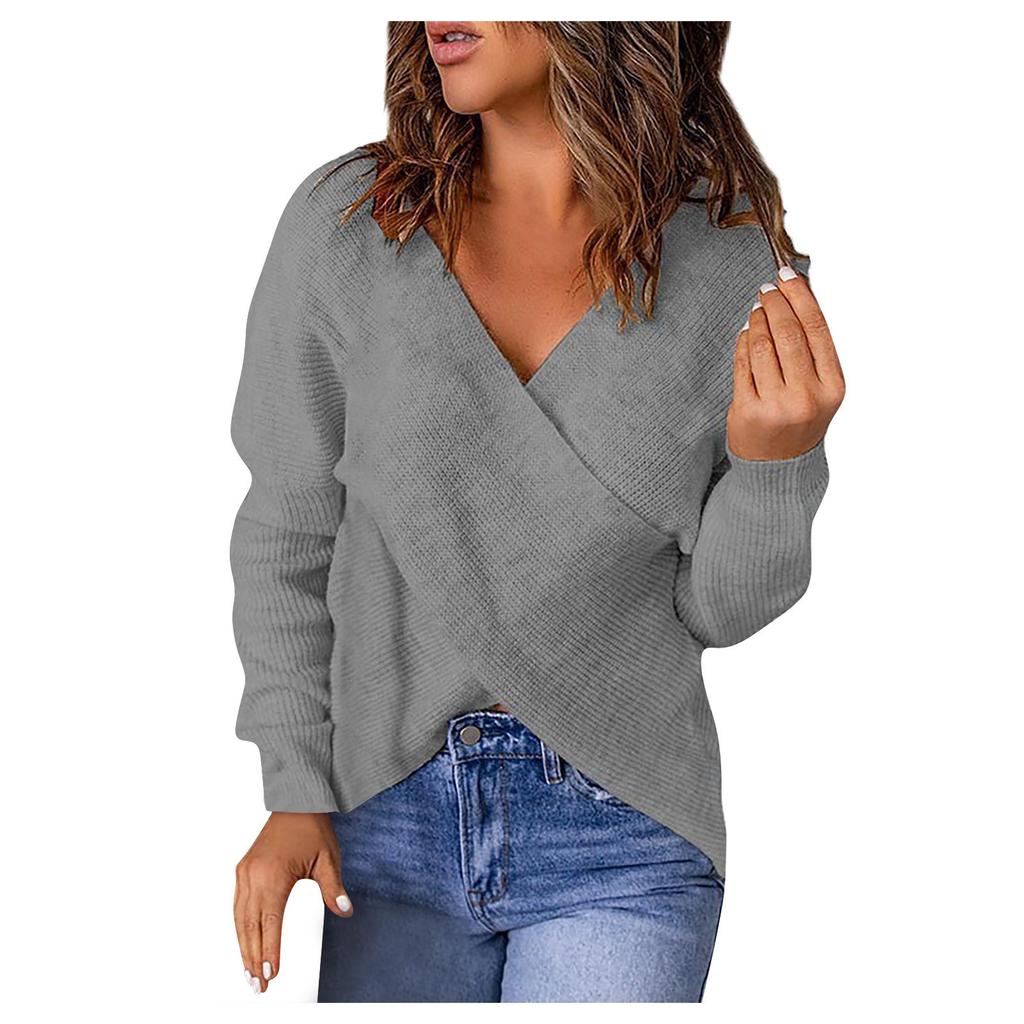 Женский повседневный однотонный свободный вязаный свитер с v-образным вырезом, вязаный свитер в рубчик