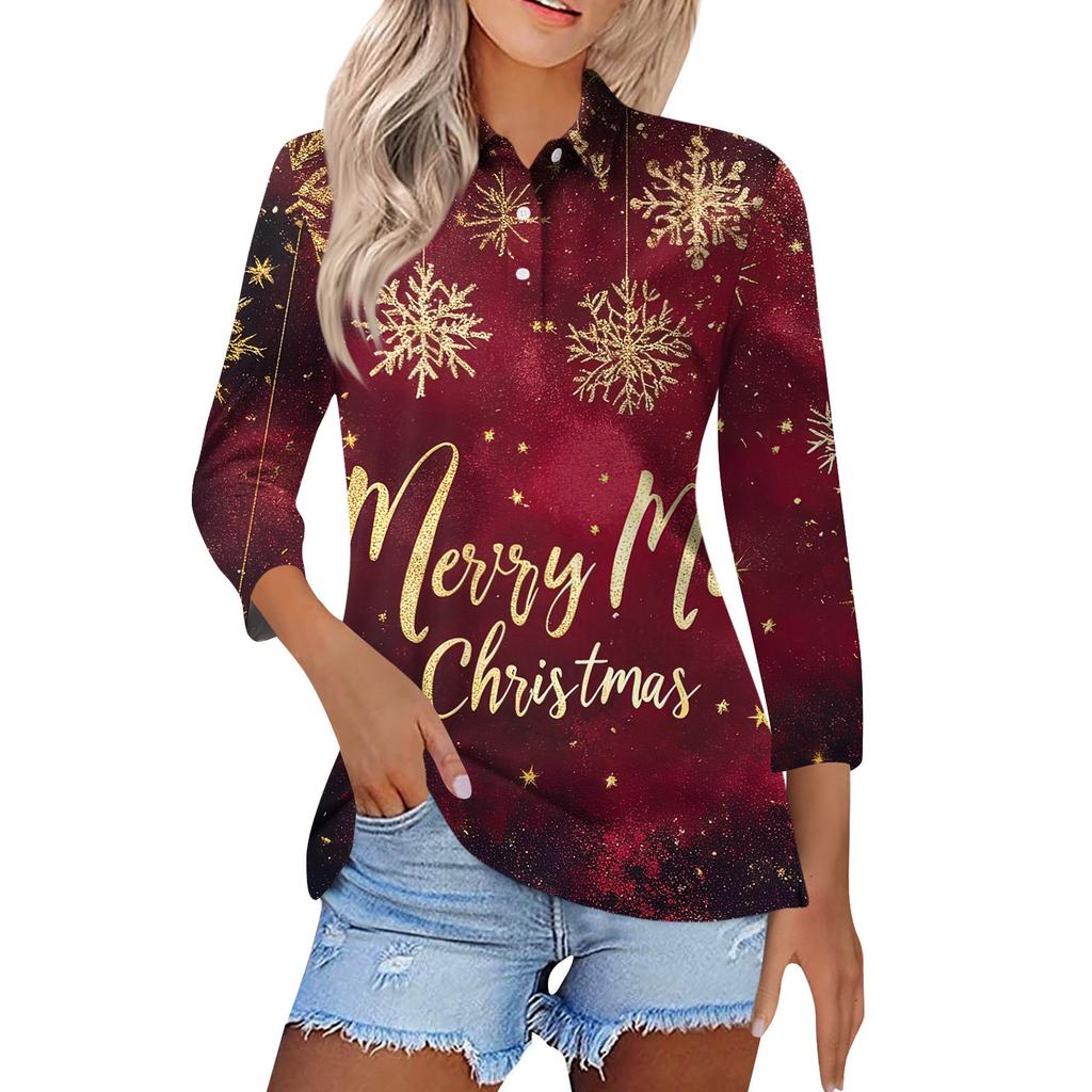 Women's Fashion Casual Lapel Short 3/4 Sleeve Christmas Print Shirt Women's Button Up Tops