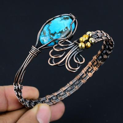 Тибетский браслет из бирюзы, Браслет из драгоценного камня ручной работы, Антикварное украшение, обернутое медной проволокой 999 пробы, Подарок для любви