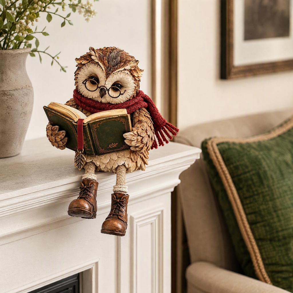Owl Statue Resin Rustic Vintage Reading Figurine Shelf Sitter Glasses Scarf Home Decor