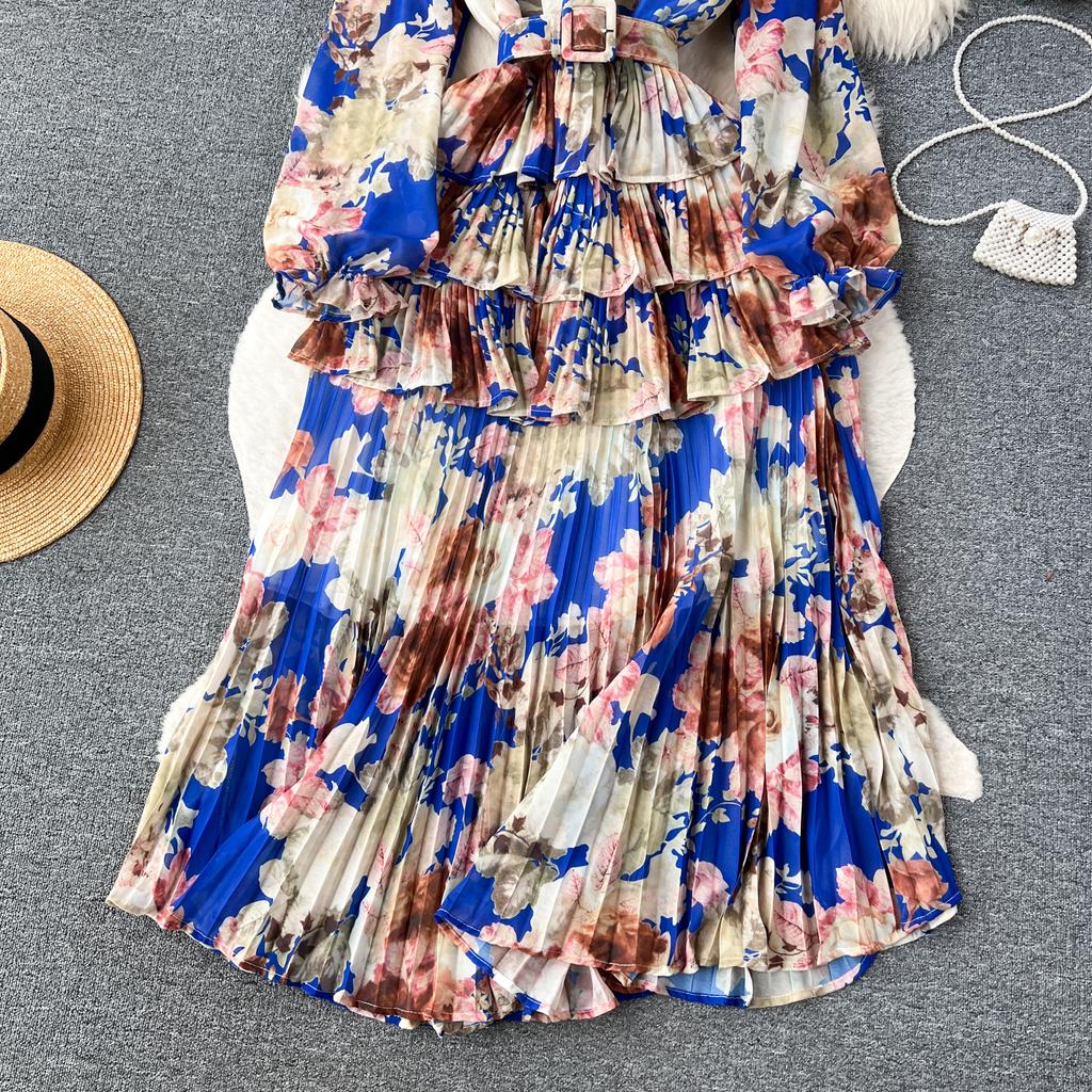 Новое осеннее элегантное женское платье с круглым вырезом и принтом в стиле пэчворк, складками и оборками, с длинными рукавами и высокой талией