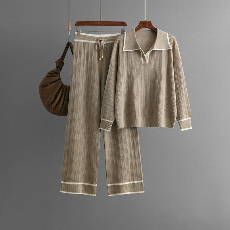 Fall Winter Lazy Wind Loose V Collar Pulllover Sweater Suit Women's Solid Color Long Sleeve Knit Wide Leg Pants Two Piece Set