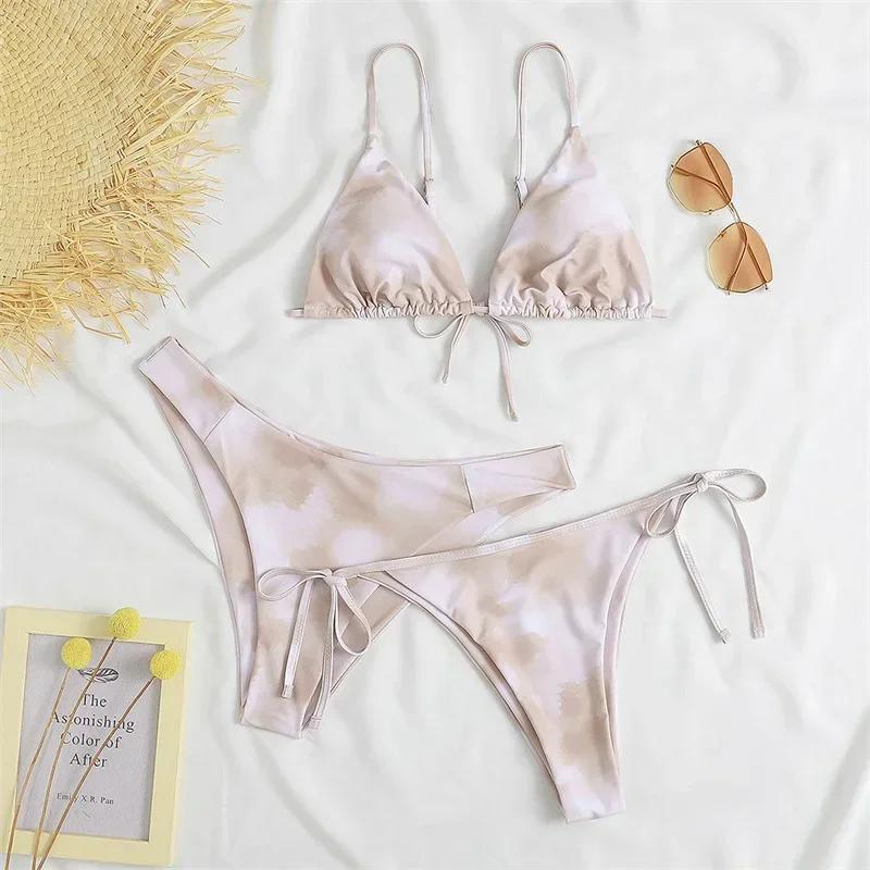 Женский сексуальный бикини-комплект из 3 предметов - Треугольный купальник-бандо с пуш-апом, сине-фиолетовый, Бразильская пляжная одежда