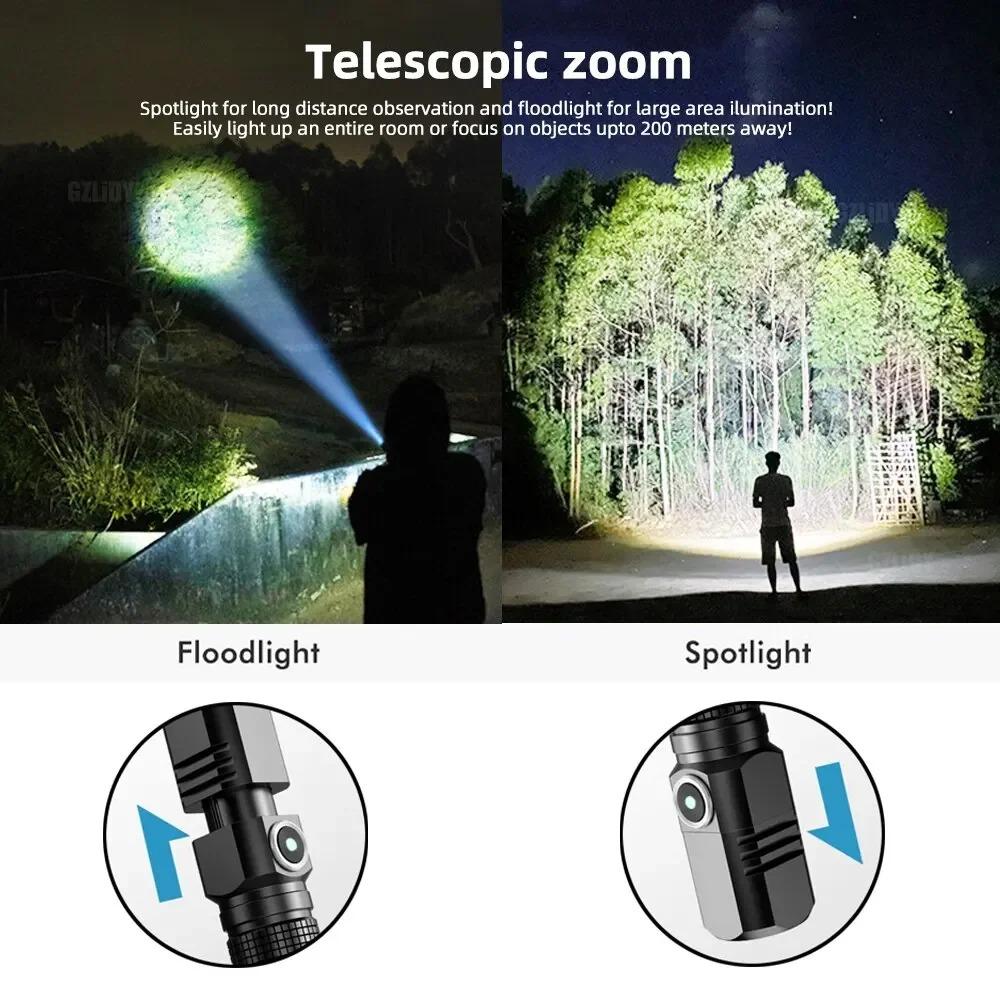Mini Powerful Led Flashlight Built In Battery 3 Modes Type-c Rechargeable Telescopic Zoom Torch for Home Outdoor Camping Fishing