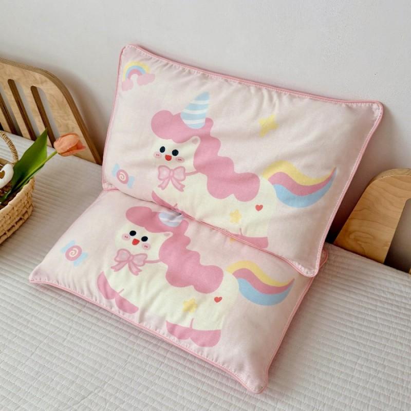 Soft Cotton Double Layer Gauze Kids Pillowcase With Fiber Filled Pillow Core Toddlers 30x50cm Cartoon Design