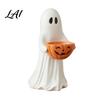 Vintage Style Ornament Halloween Ghost Figurine with Pumpkin Candy Bowl Cute Resin Statue Freestanding Desktop Light Trick or Treat Holder for Front