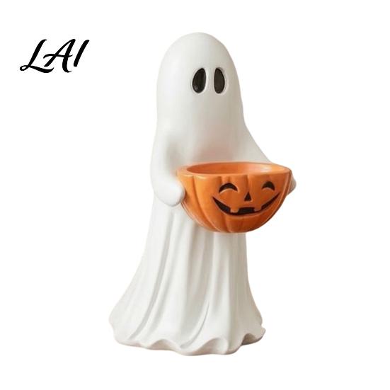 Vintage Style Ornament Halloween Ghost Figurine with Pumpkin Candy Bowl Cute Resin Statue Freestanding Desktop Light Trick or Treat Holder for Front