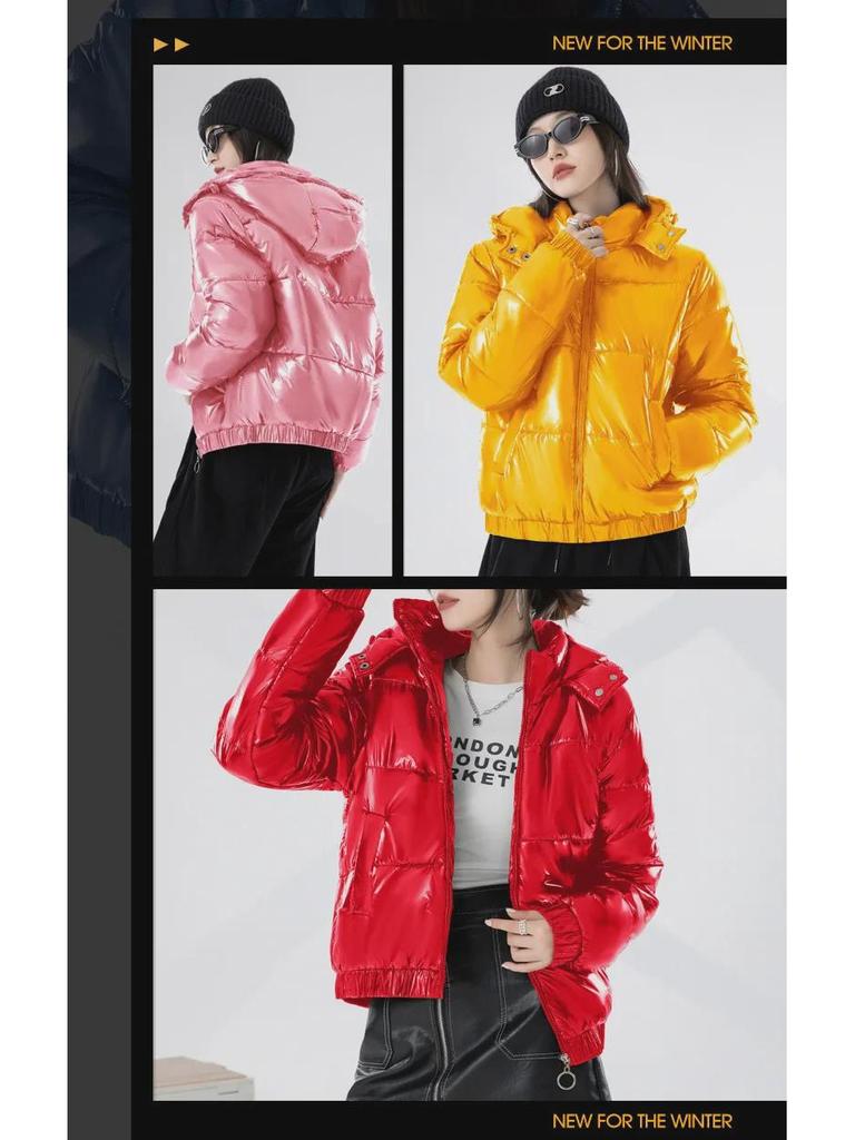 Женская короткая куртка-пуховик в корейском стиле - модное блестящее хлопковое пальто с капюшоном для зимы
