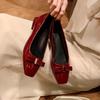 Single Shoes Women 2025 New Spring Square Toe Bow Block Heel Red Light Mouth Grandma Shoes