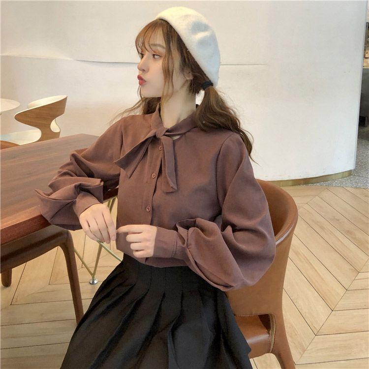 Рубашки женские с бантом Kawaii College Осень корейский стиль элегантные однотонные рукава-фонарики простые уличные свободные модные топы блузки