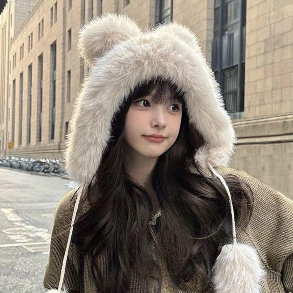 Warm Ear Protection Hat Cute Bucket Hat Thickened Plush Bear Hat  Women