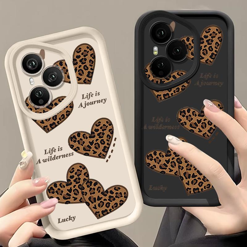 Мягкий ТПУ Чехол для Телефона Для Honor 400 Pro 200 Pro X8c X9c Smart X6a X6b X6c Magic7 Lite Коричневый Леопардовый Принт Сердечко Напечатанная Задняя Крышка