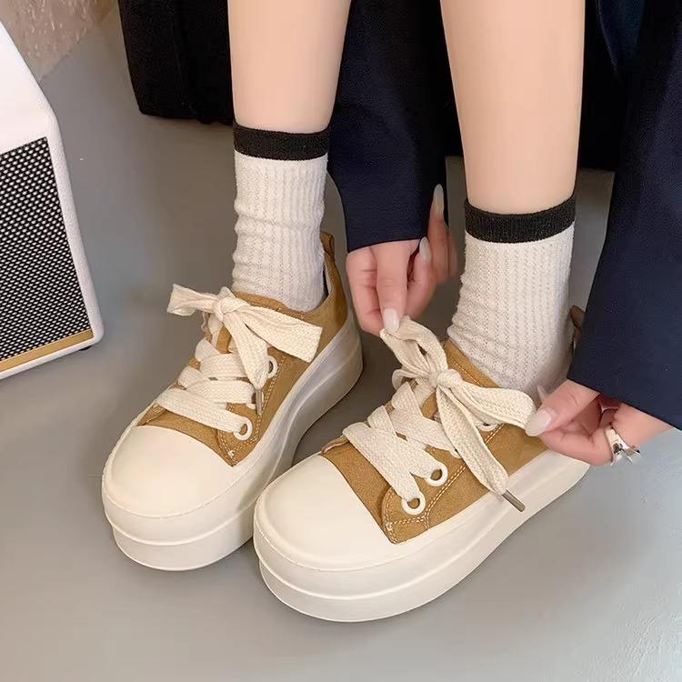 Versatile Ugly Cute Round Head Platform Popular Muffin Canvas Shoes Women's 2025 Spring New Height-increasing Big Head Casual Board Shoes