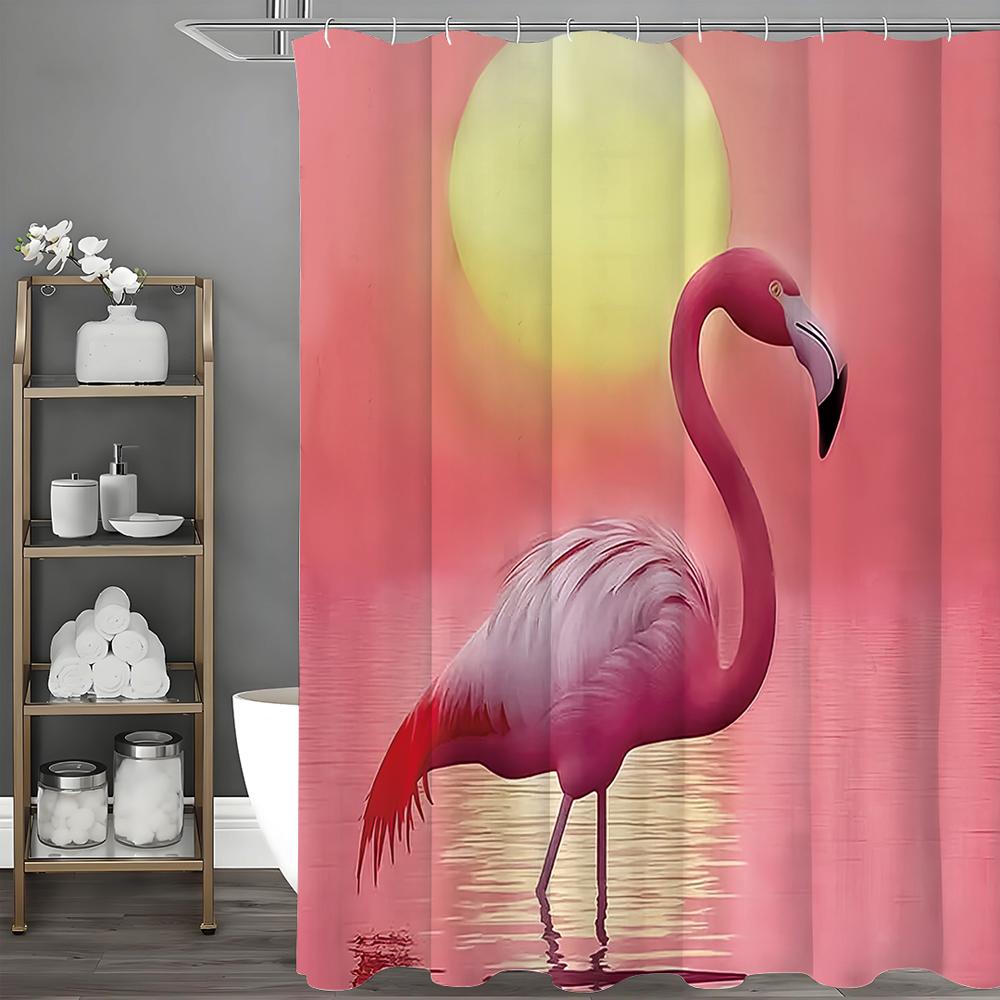Sunset Sunrise Flamingo Shower Curtain, Bathroom Decorative Shower Curtain, Waterproof Shower Curtain with Hooks