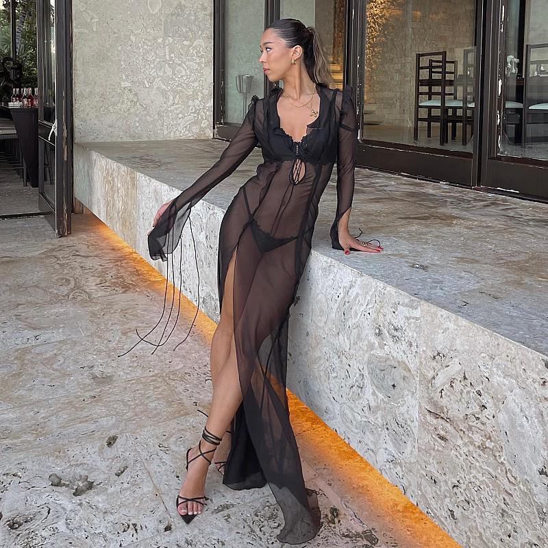 EDOLYNSA Sexy V Neck Perspective Ruffle Drawstring Maxi Dresses Women Spring Summer Elegant Side Split Beach Dress Cover Up A1942