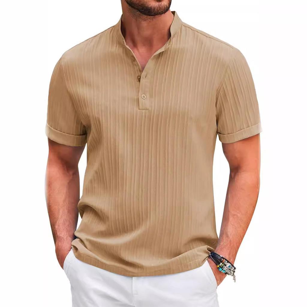 Men'S Summer Casual Collarless Short Sleeved Button Top