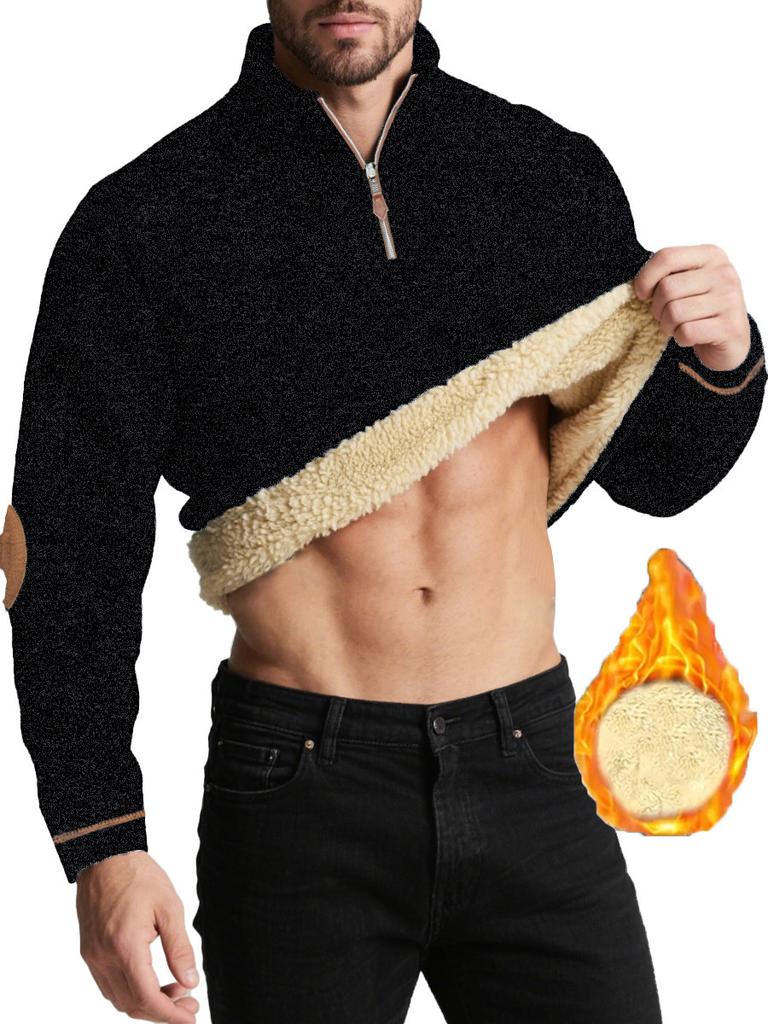 Осень Новая Мужская Повседневная Толстовка на Молнии до Середины с Флисовой Подкладкой и Налокотниками Однотонная Теплая Спортивная Одежда Мужская Модная Верхняя Одежда