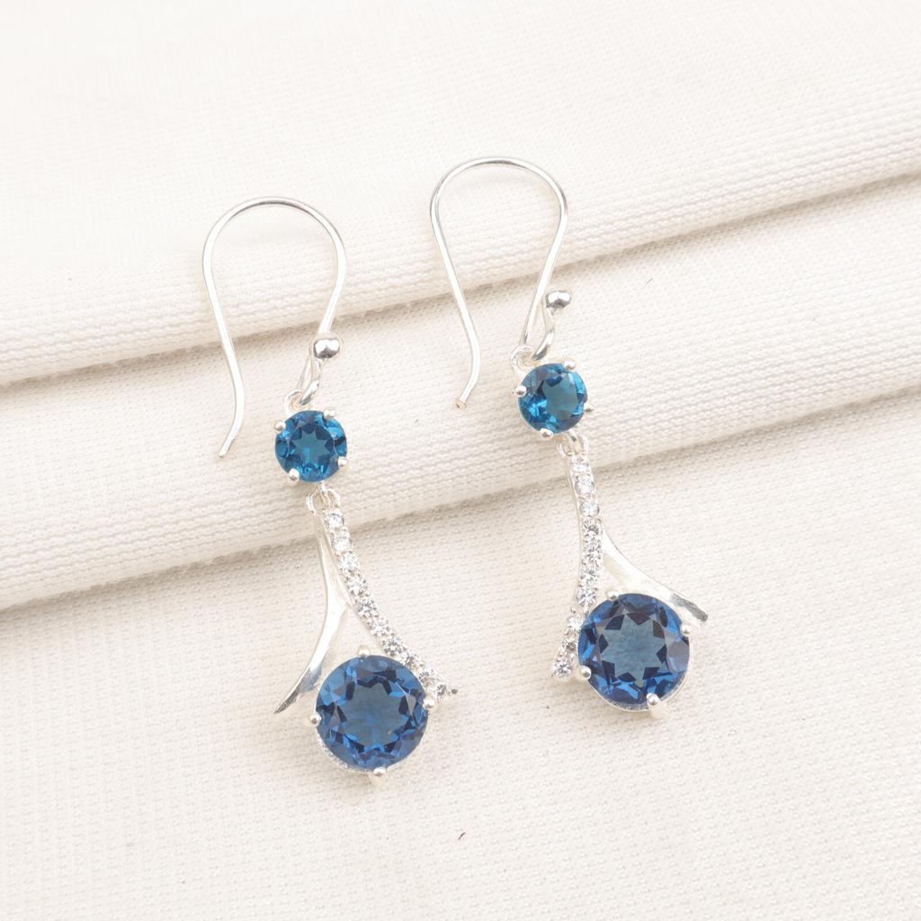 London Blue Topaz Gemstone 925 Stamped Silver Jewelry Zircon Hook Earrings 1.84" CZE-9-10