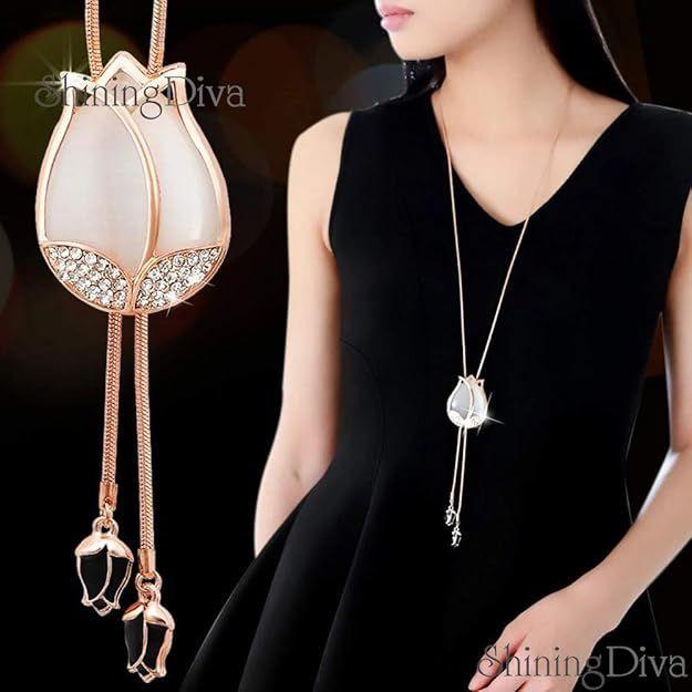 Shining Diva Fashion Latest Crystal Opal Tulip Flower Long Chain Pendant Necklace for Women