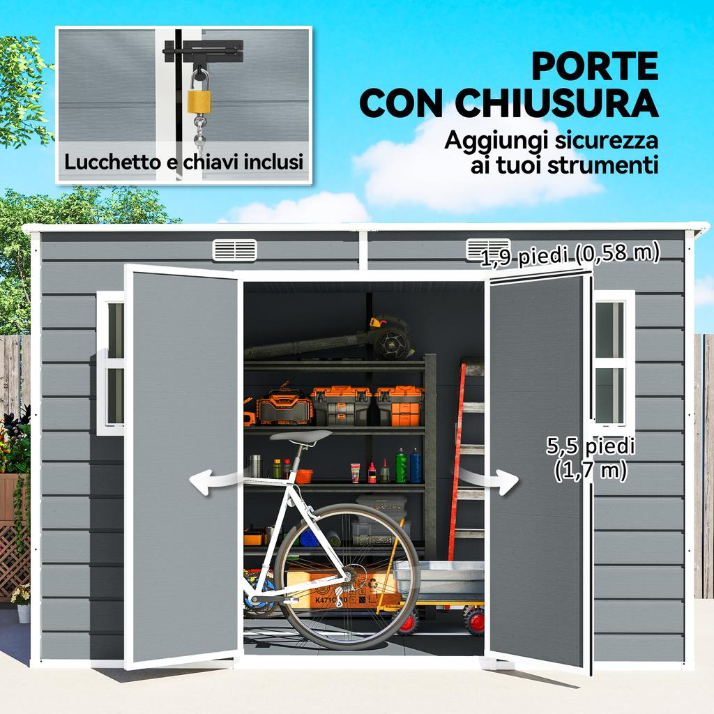 10 x 6 ft Resin Garden Shed, Outdoor Storage Shed with Floor, Windows, Lockable Doors and Vents, Grey