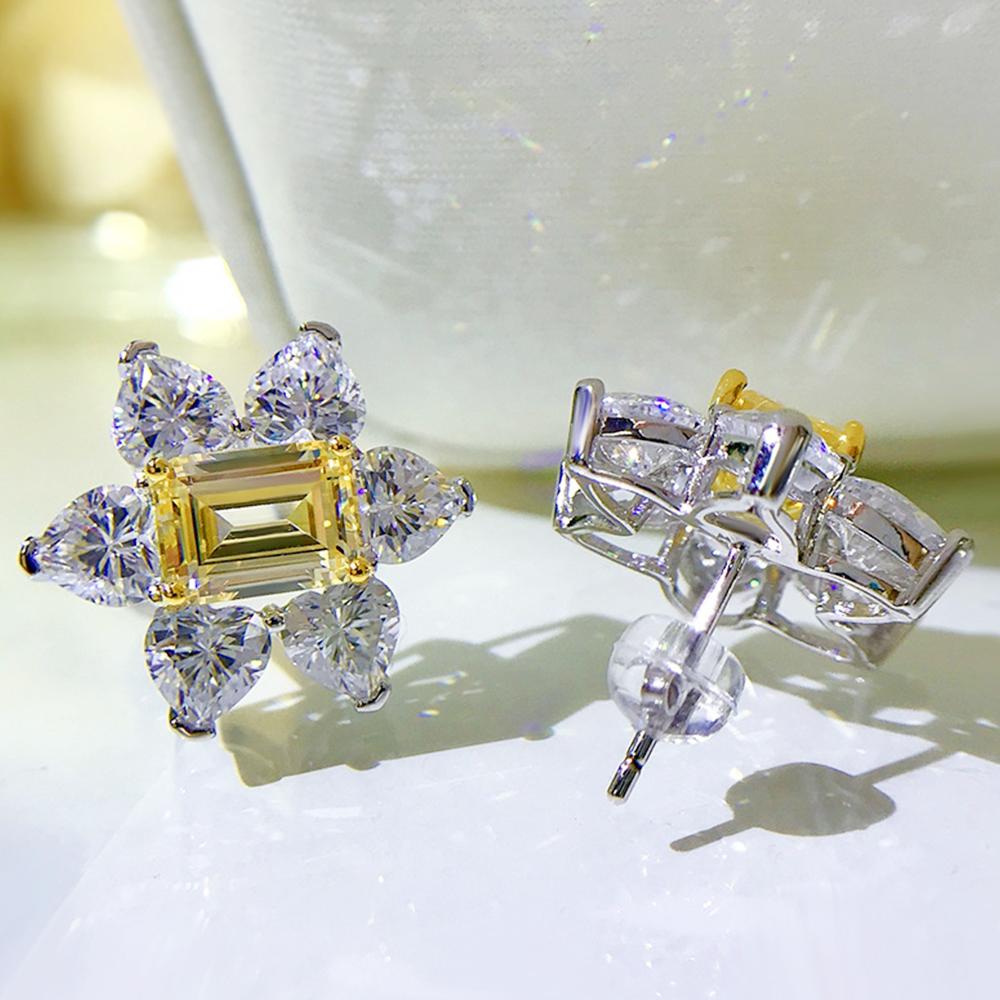 Yellow Cubic Zirconia Stud Earrings Aesthetic Flower Shaped Heart CZ Earrings Luxury Fashion Wedding Jewelry for Women