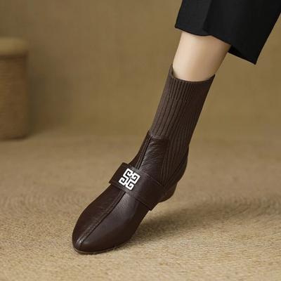 Модные женские ботильоны средней высоты каблука, модный квадратный носок, вязаные, мягкие и удобные, дышащие стрейч-сапоги, новая женская обувь 2024