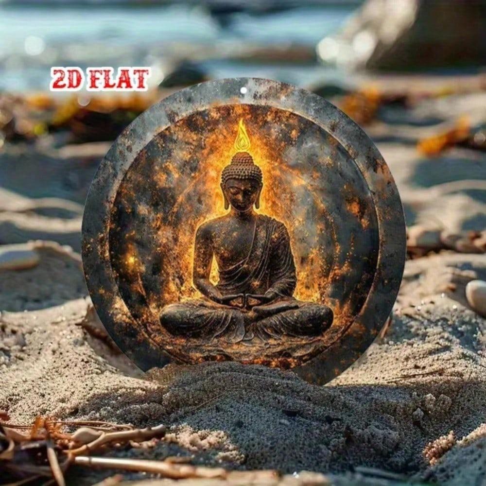Винтажная металлическая табличка Будда Круглая 7,87 дюйма Огненное искусство Декор для медитации для дома Кафе Гаража Алюминиевый Жестяной Лист