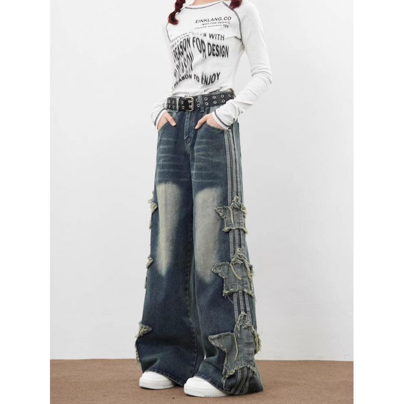 Джинсы JYL мужские широкие с нашивкой-звездой, летние, свободные, драпирующиеся, до пола, джинсовые