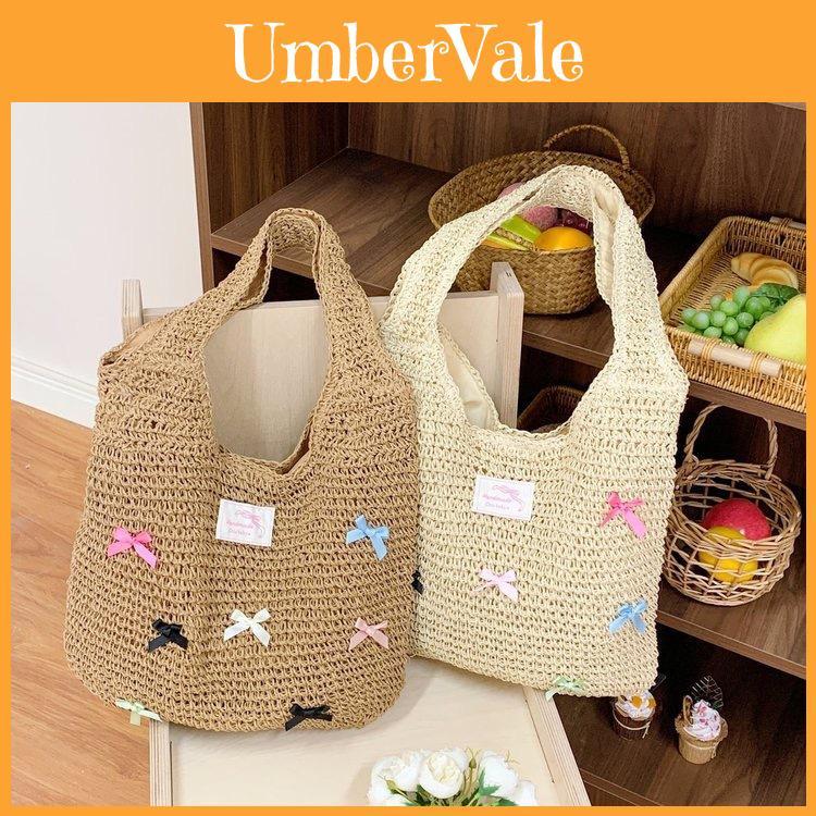 Straw Woven Bow Beach Bag With Open Top For Summer Travel