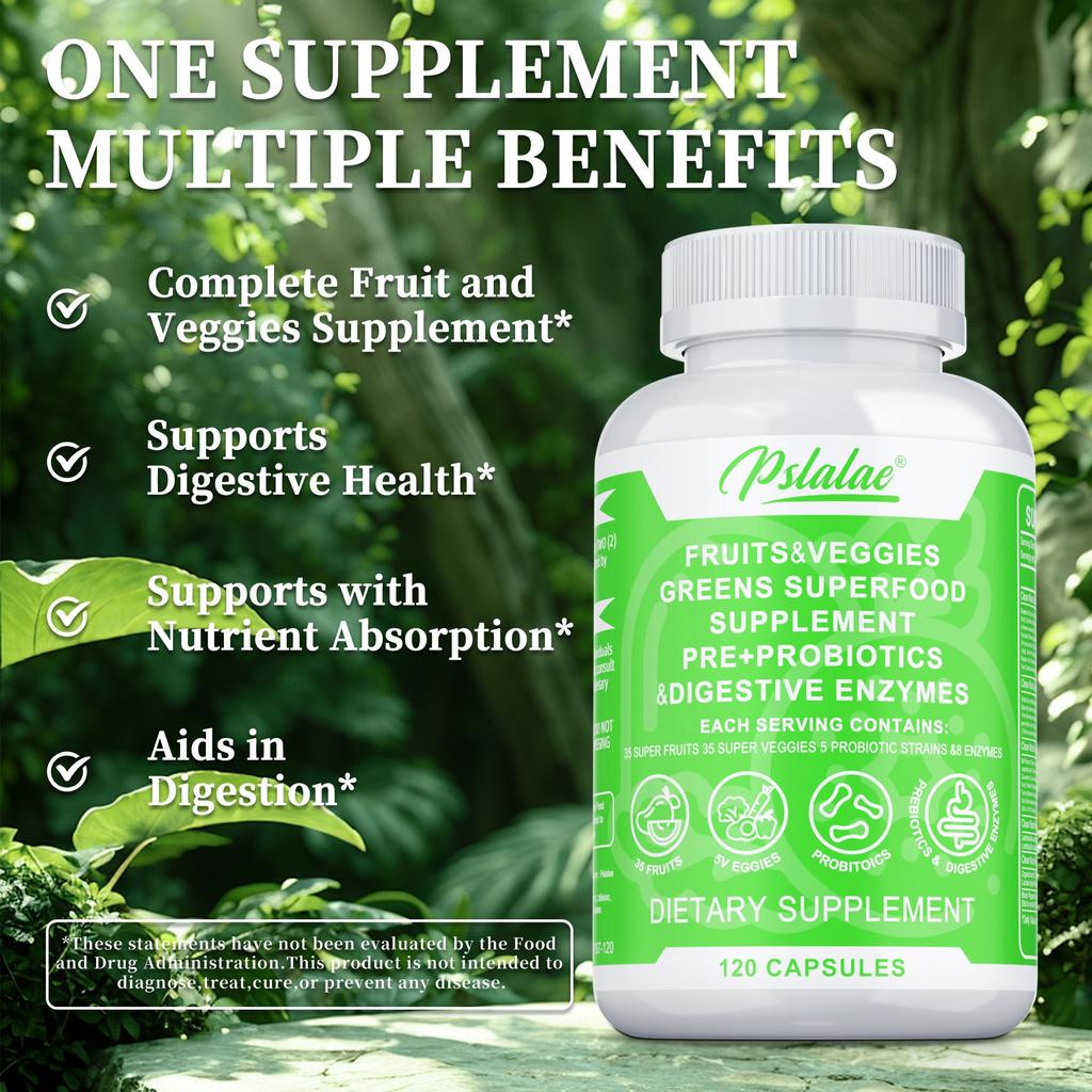 Natural fruit and vegetable blend capsules; supports gut health, aids digestion, boosts immunity; suitable for adults.