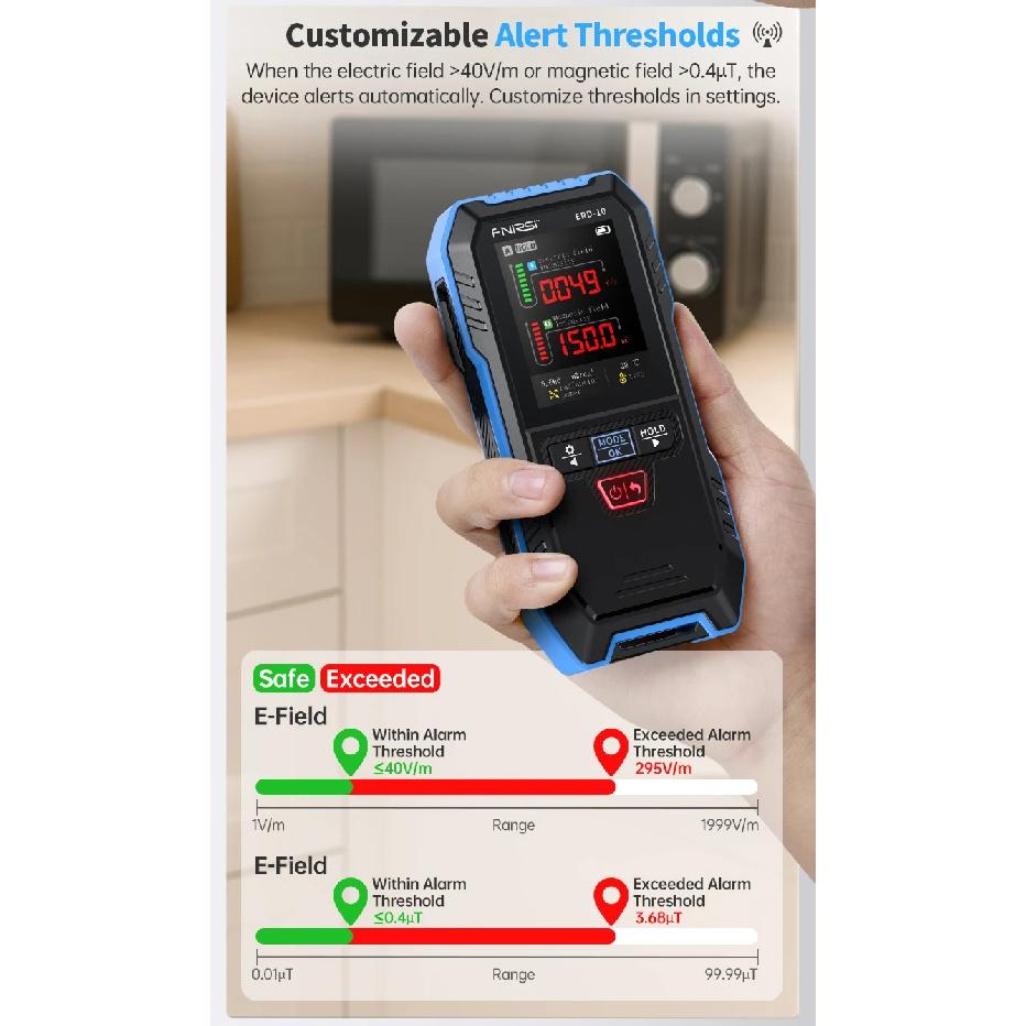 FNIRSI ERD-10 EMF Meter 4-in-1 Radiation Detector Magnetic & Electric Field Detector, RF Power Tester Temperature Monitor